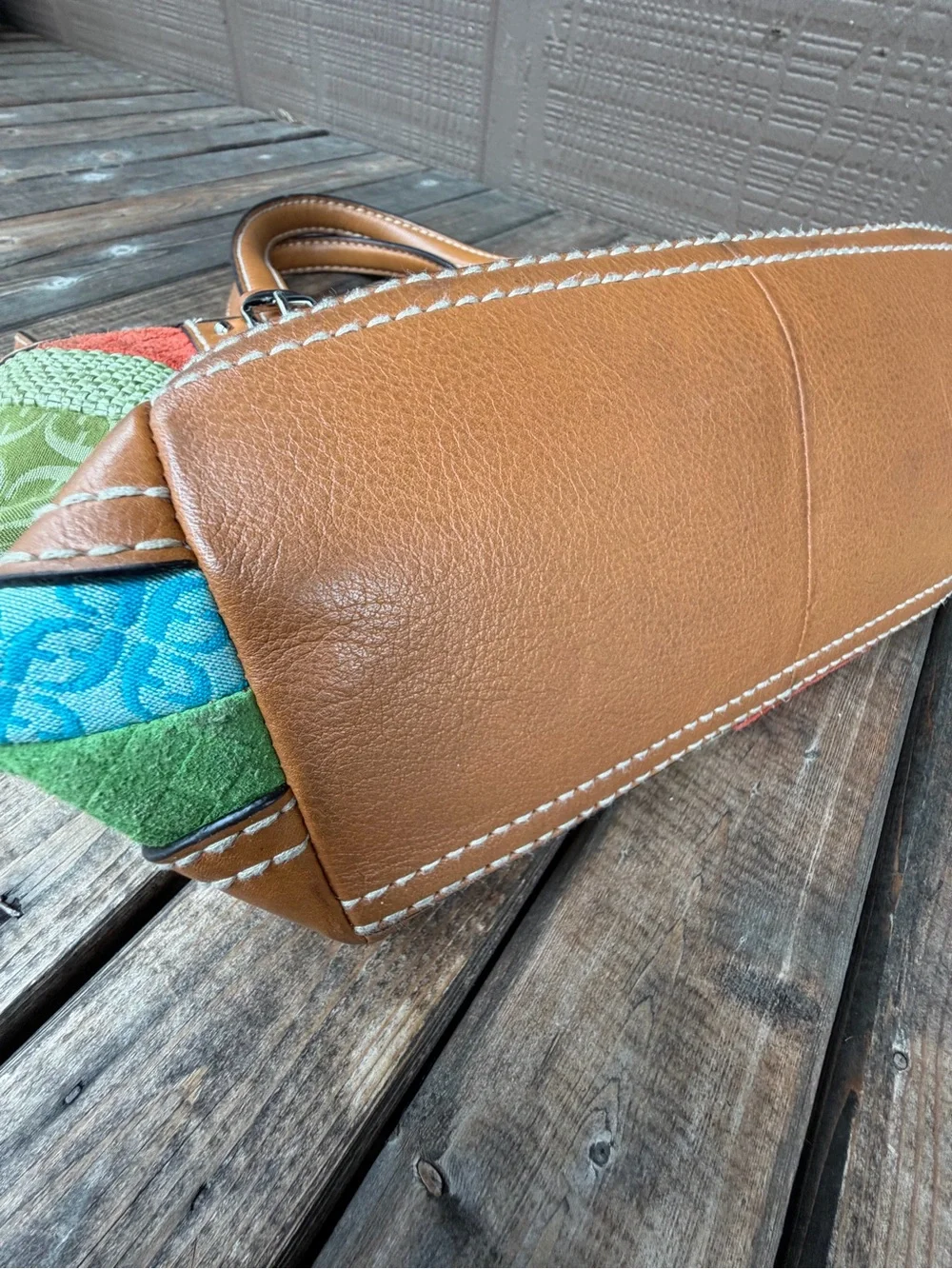 Fossil Key Patchwork Multicolor Satchel Handbag with Tan Leather Trim
